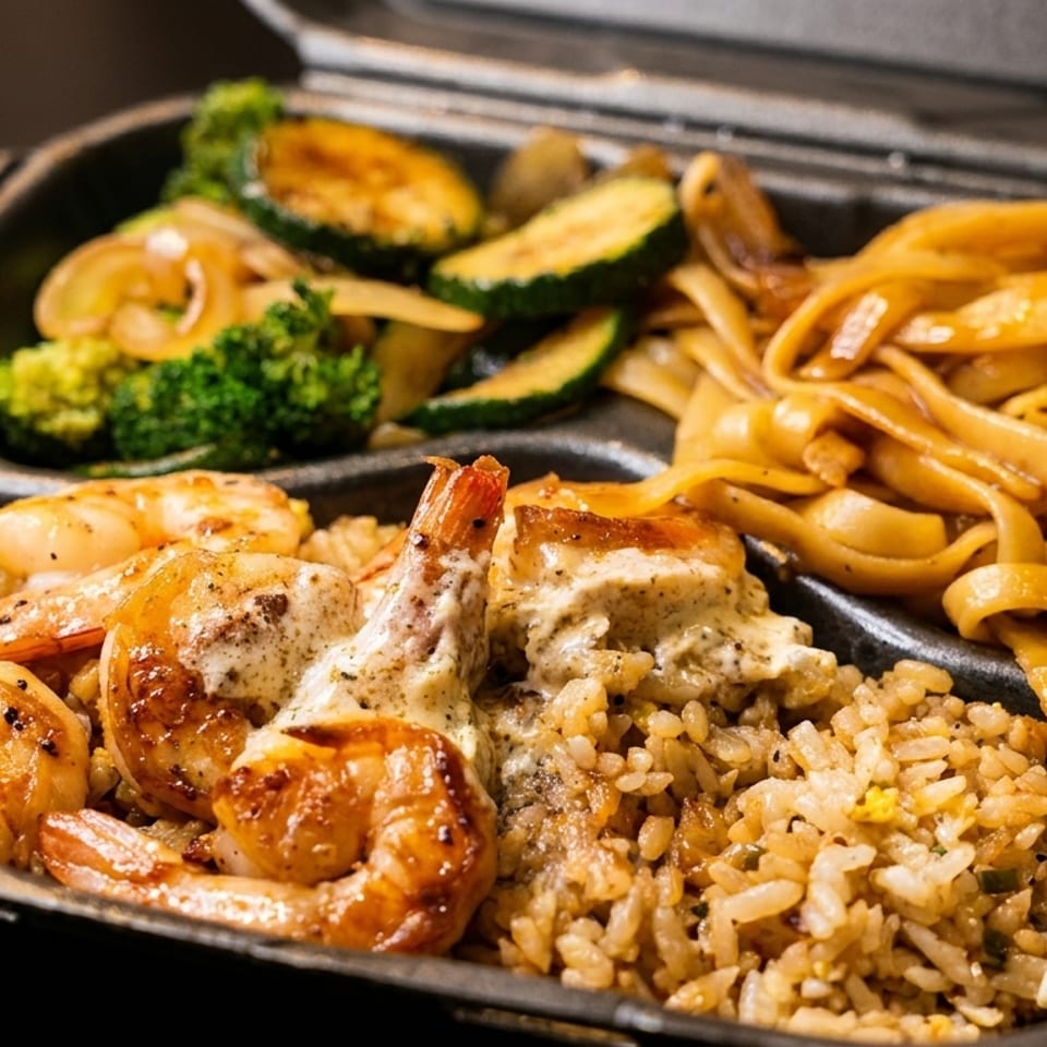 Takeout container with shrimp, fried rice, noodles, broccoli, and zucchini.