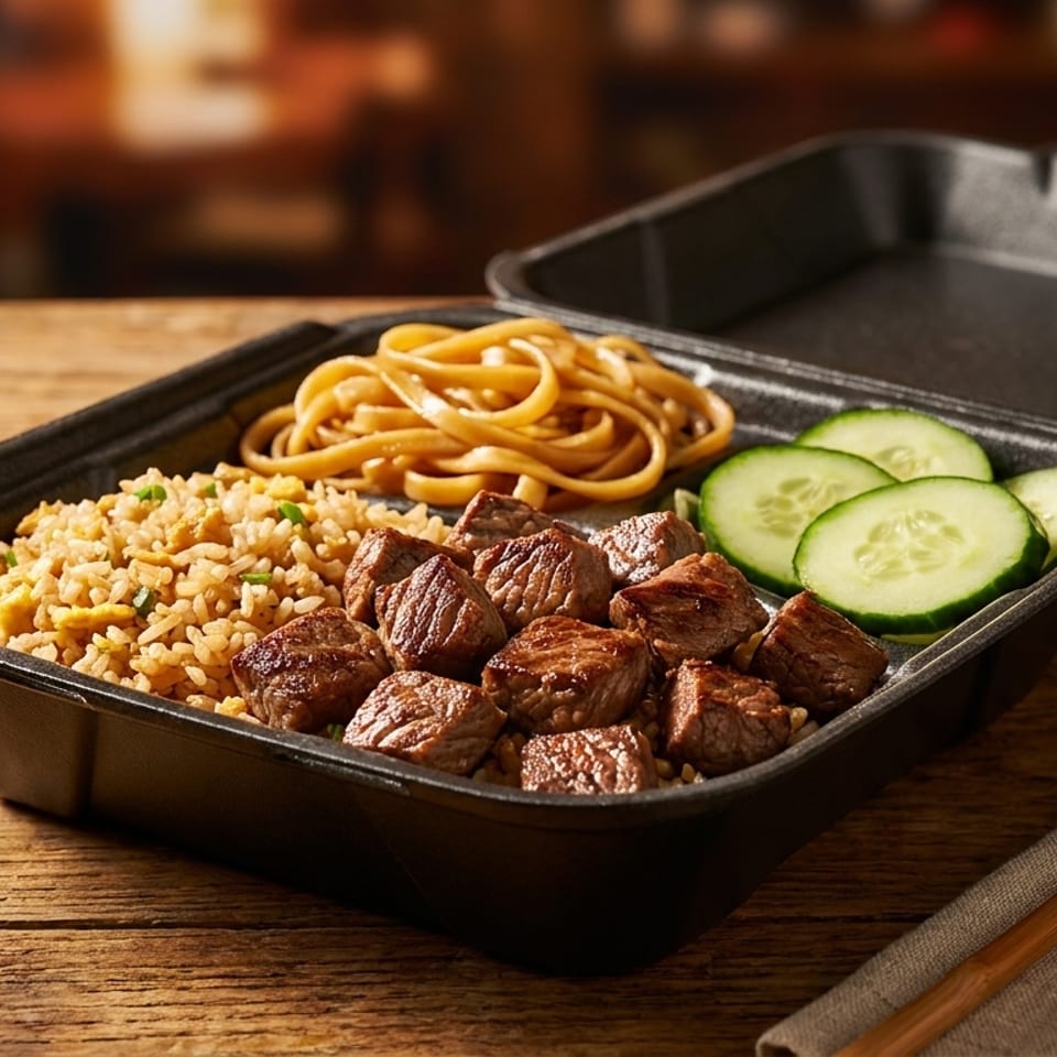 Steak, fried rice, noodles, and cucumber slices in a black takeout container with sauces and chopsticks.