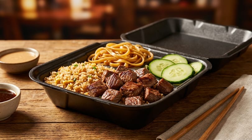 Steak, fried rice, noodles, and cucumber slices in a black takeout container with sauces and chopsticks.