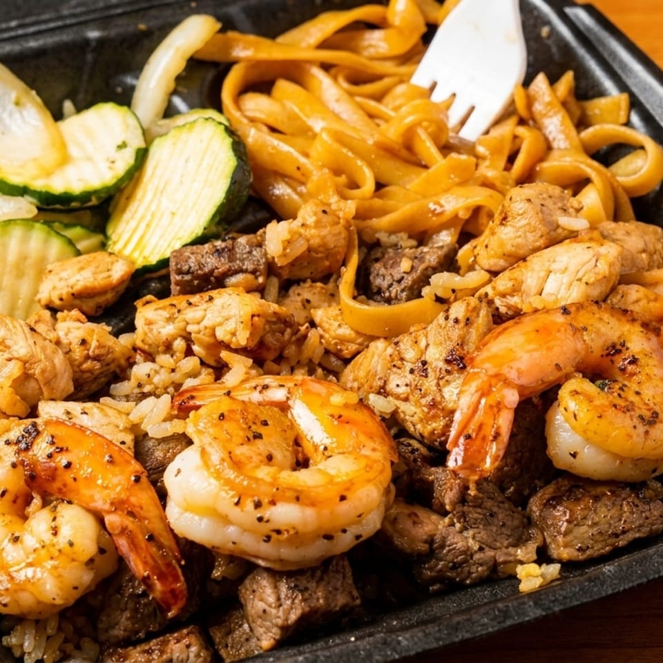 A takeout container filled with shrimp, chicken, steak, rice, noodles, zucchini, and onions.