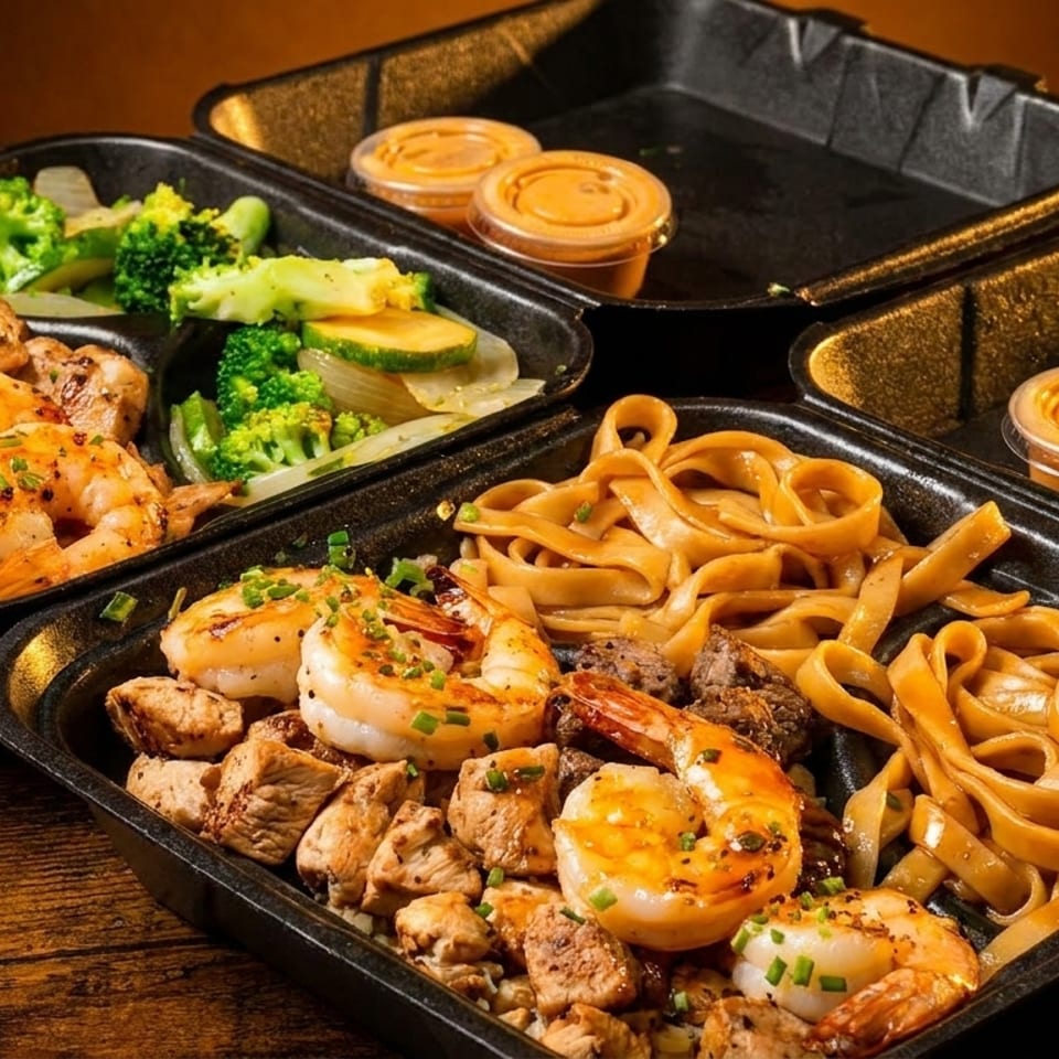 Two takeout containers filled with shrimp, chicken, steak, noodles, and vegetables, with sauce cups.