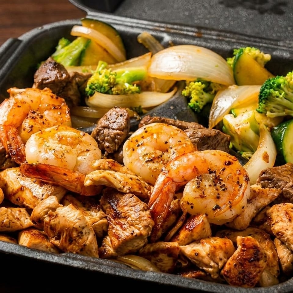 Hibachi takeout container filled with grilled shrimp, chicken, steak, broccoli, zucchini, and onions.