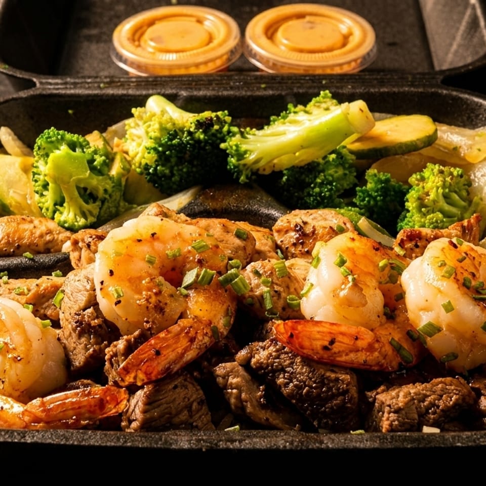 Shrimp and steak with broccoli, zucchini, and onions in a black takeout container with sauces.